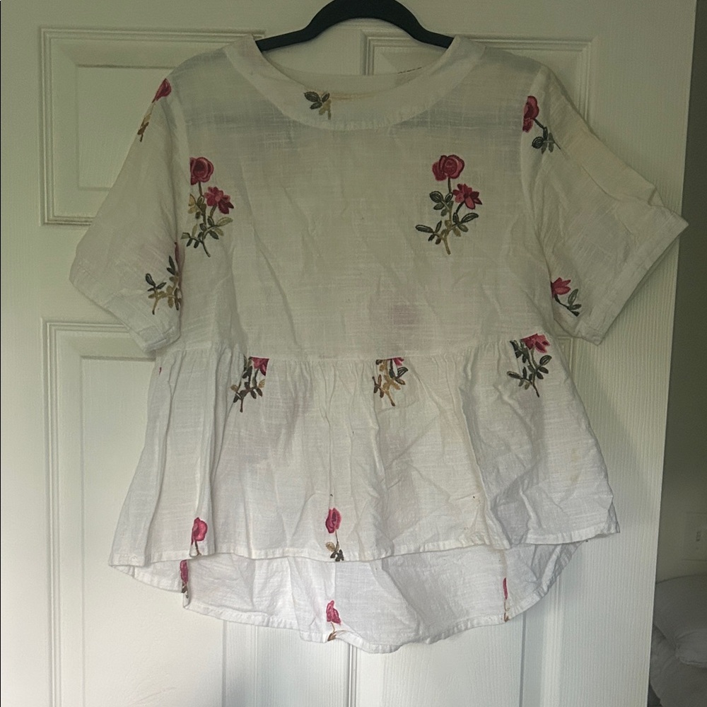 Zara White Blouse with Pink Floral Embroidery